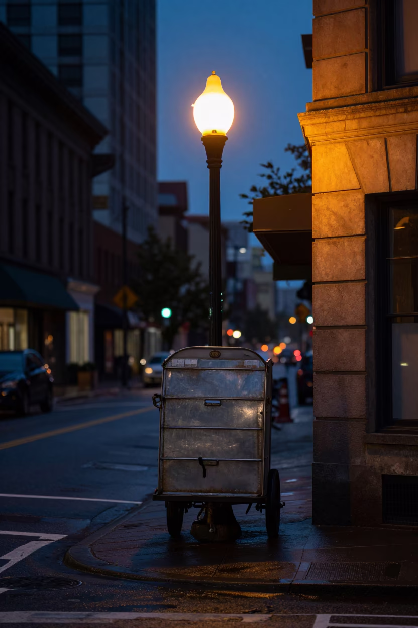 Predawn Portland Street Scene with Vintage Cart and Urban Details in in Portland, Oregon, United States