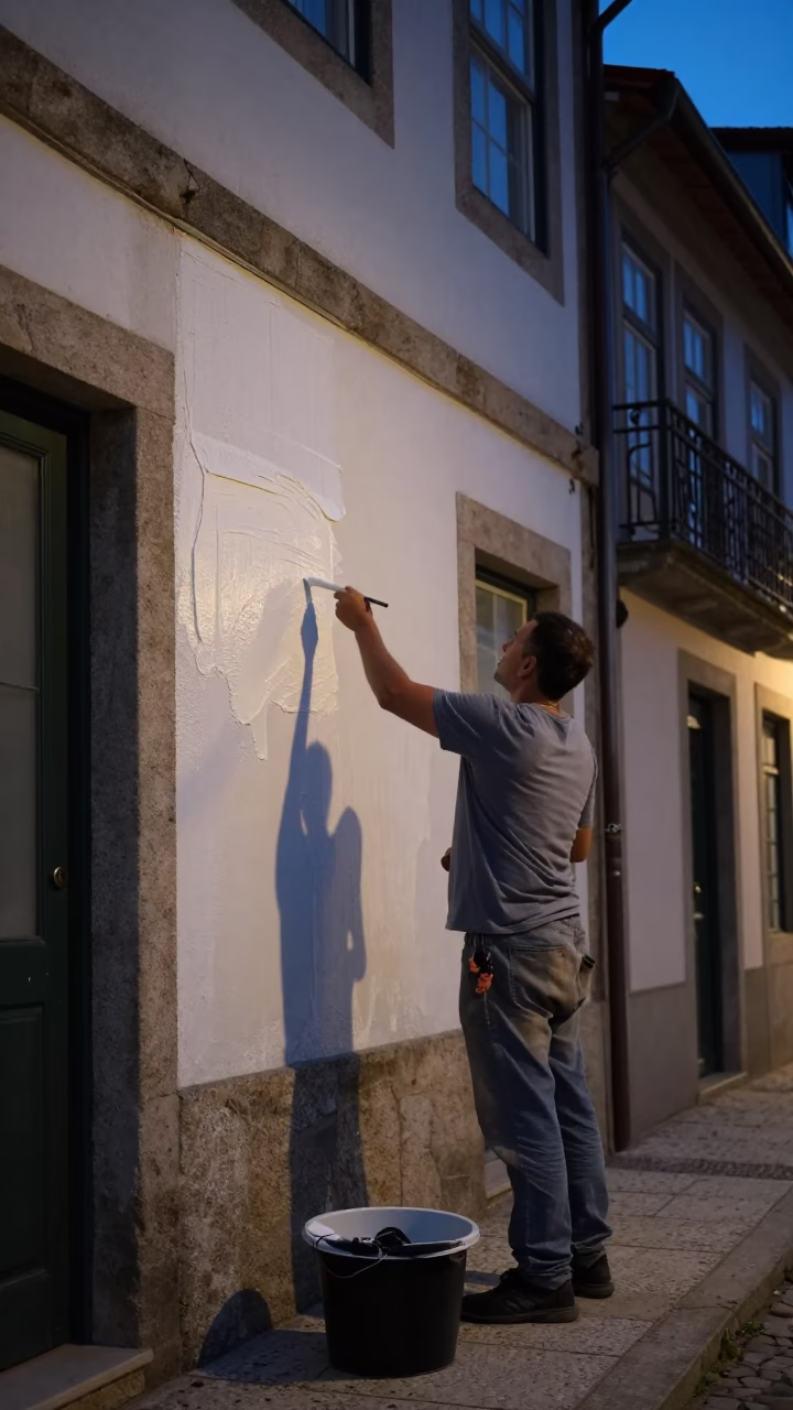 Predawn Porto Portugal Street Scene with Painter Whitewashing Wall and Dustpan in in Porto, Portugal