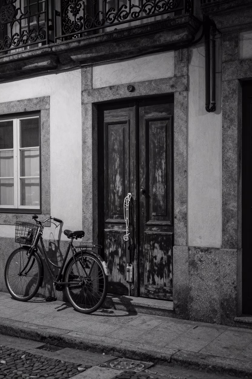 Predawn Porto Portugal Street Scene with Twine Latch and Bicycle Rack in in Porto, Portugal