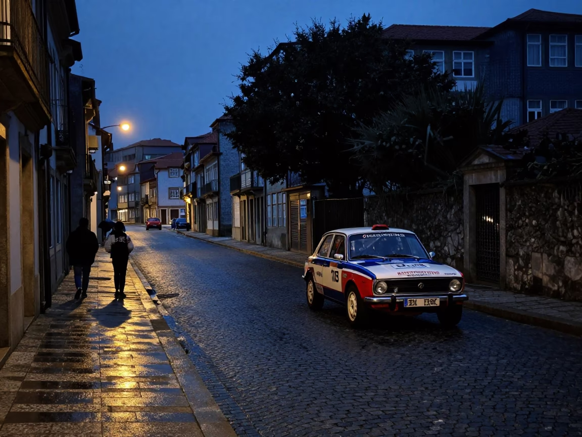 Predawn Porto Portugal Street Scene with Vintage Car Rally Preparation and Iron Deadbolt Detail in in Porto, Portugal
