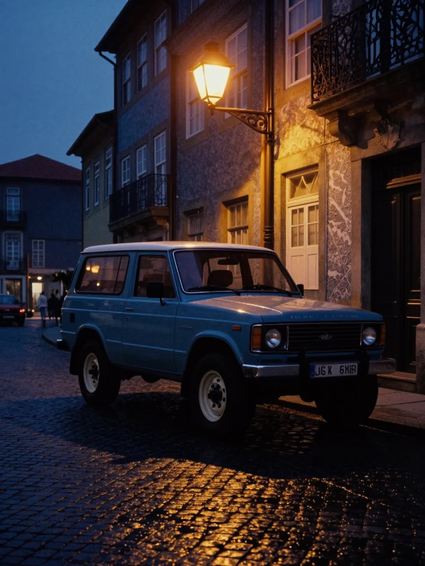 Predawn Porto Portugal Street Scene with Vintage SUV and Ceramic Cup on Cobblestone in in Porto, Portugal