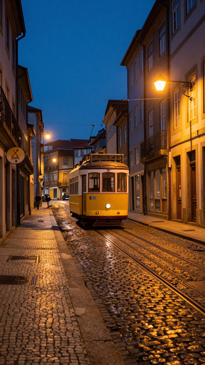 Predawn Porto Street Scene with Heritage Tram on Cobblestones in in Porto, Portugal