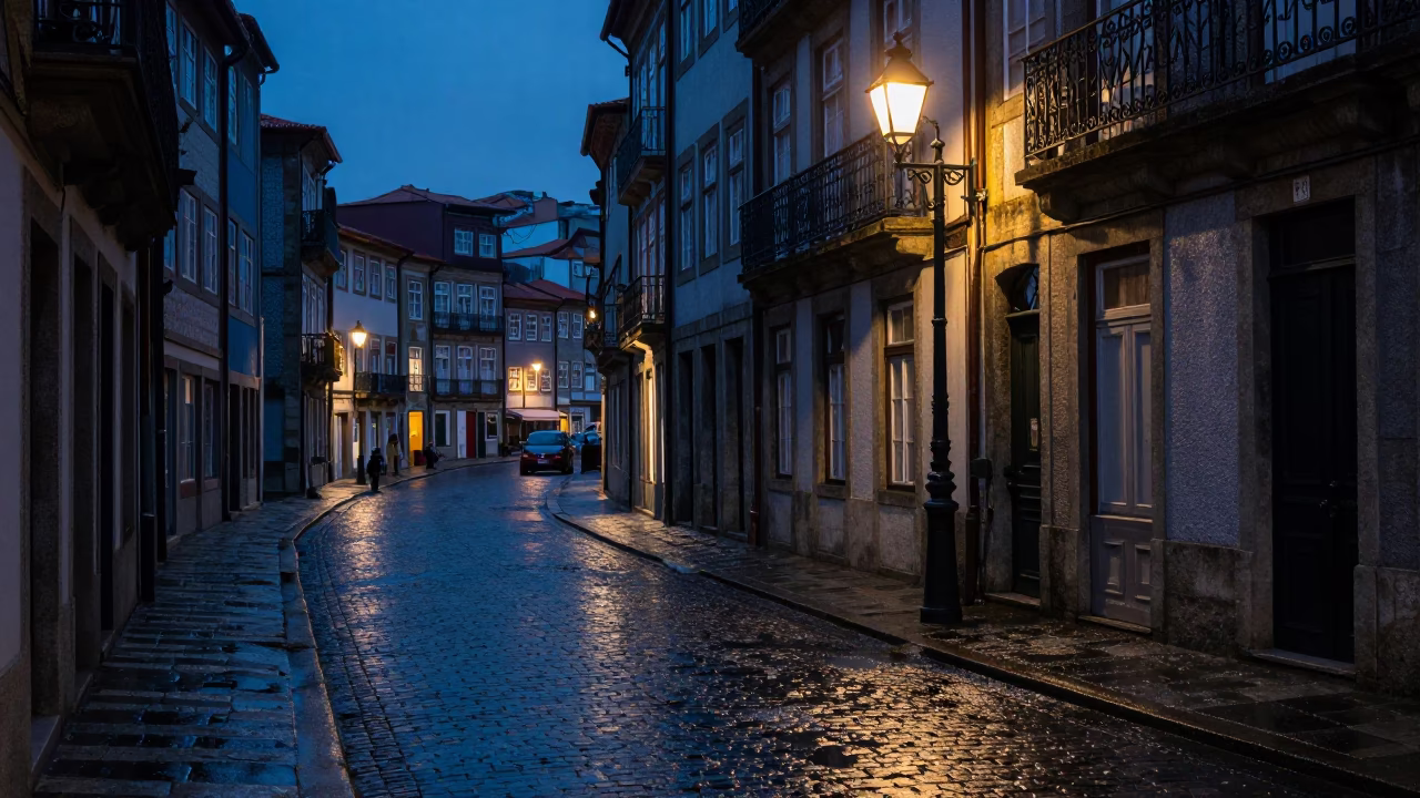Predawn Porto Street Scene with Iron Hook and Wet Cobblestones in Portugal in in Porto, Portugal