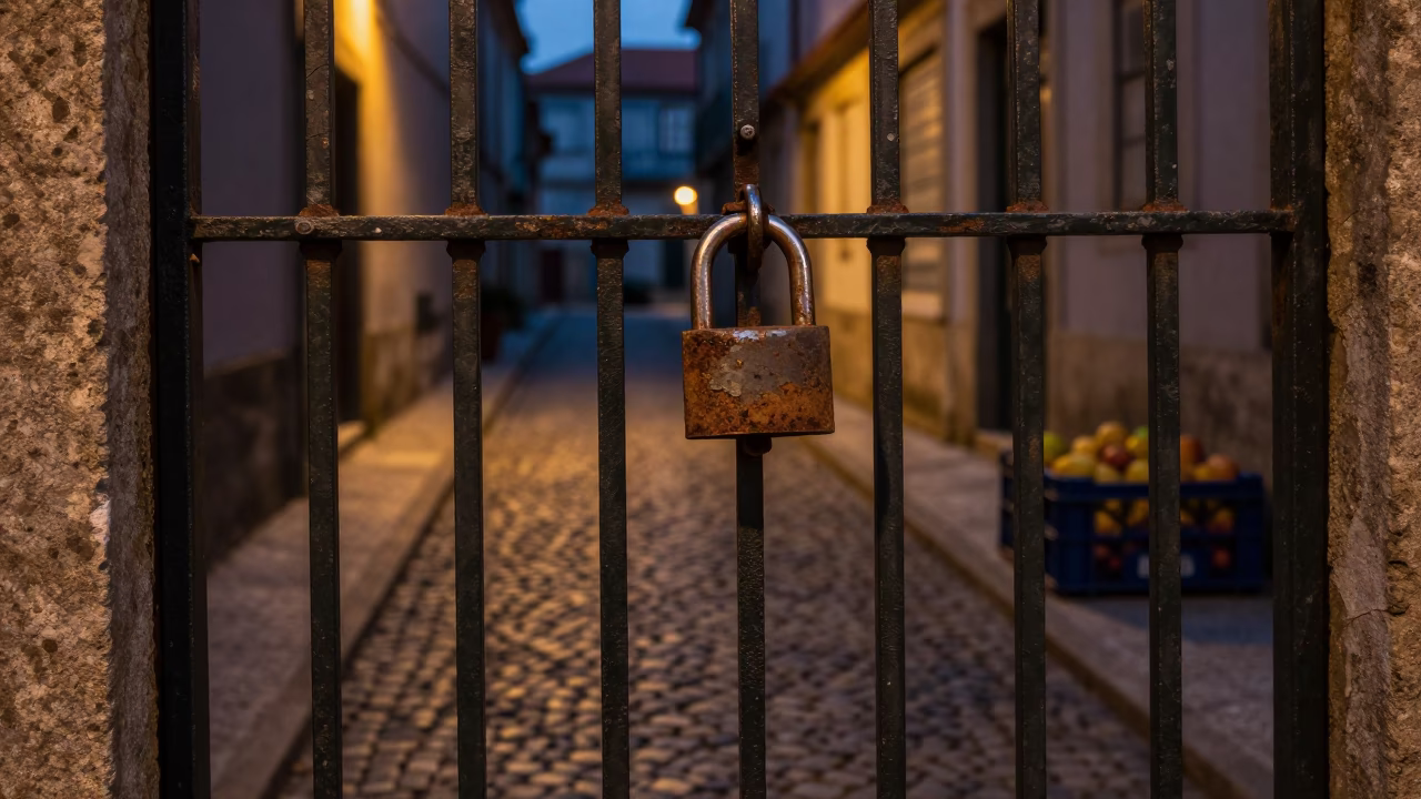 Predawn Porto Street Scene with Padlock and Fruit Crate Near Douro River in in Porto, Portugal