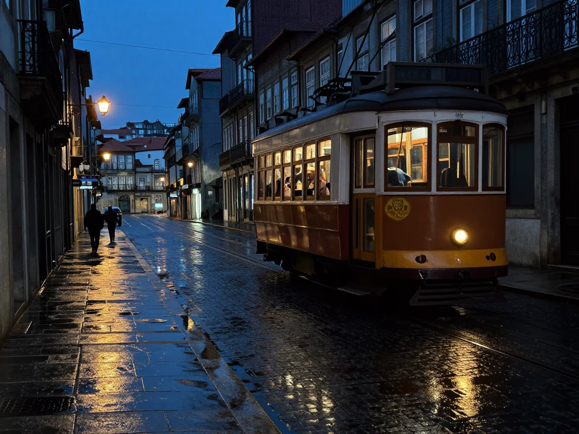 Predawn Porto Street Scene with Tram Reflection on Wet Cobblestones and Urban Architecture in in Porto, Portugal