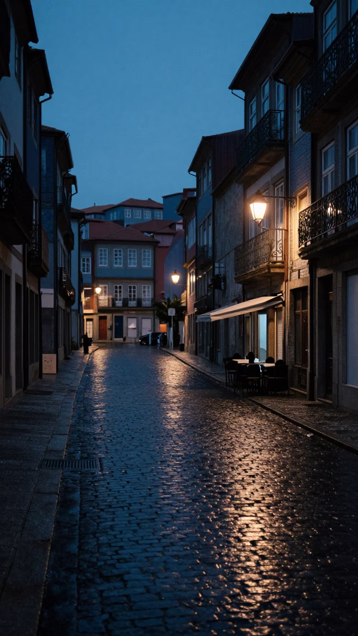 Predawn Porto Street Scene with Wet Cobblestones and Dimly Lit Cafe Facade in in Porto, Portugal