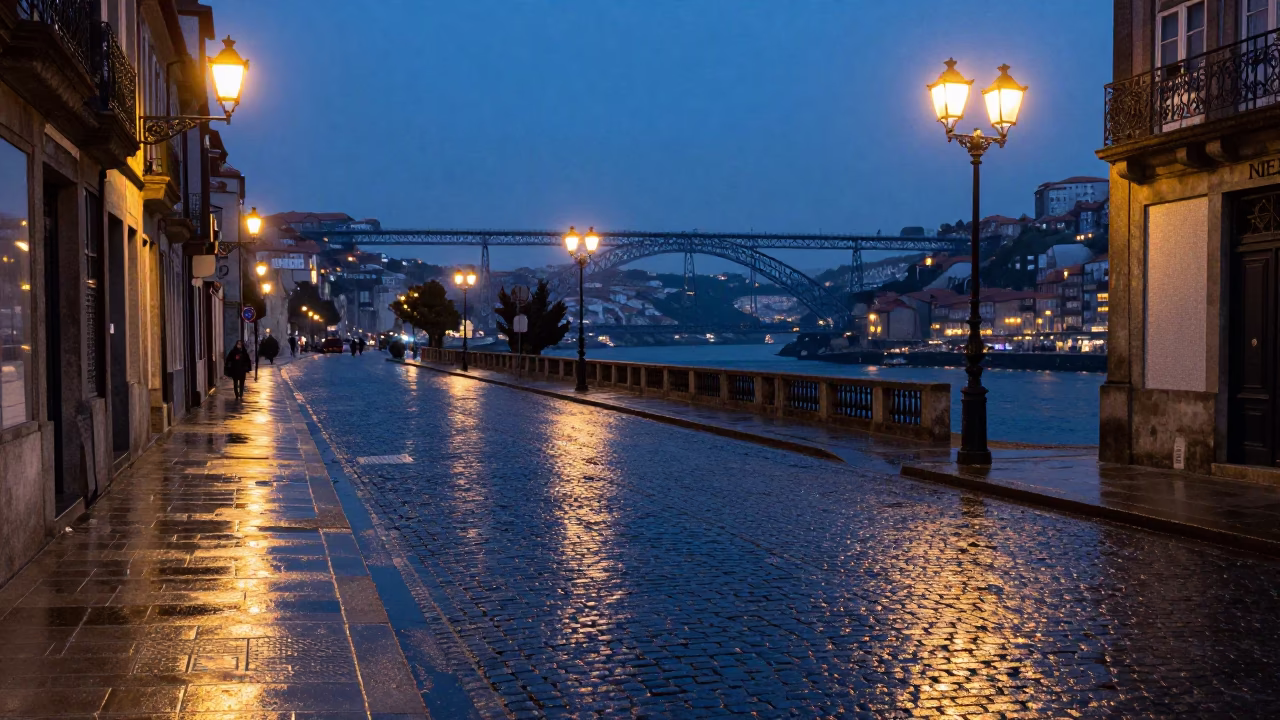Predawn Porto street scene with wet cobblestones and distant bridge lights in in Porto, Portugal