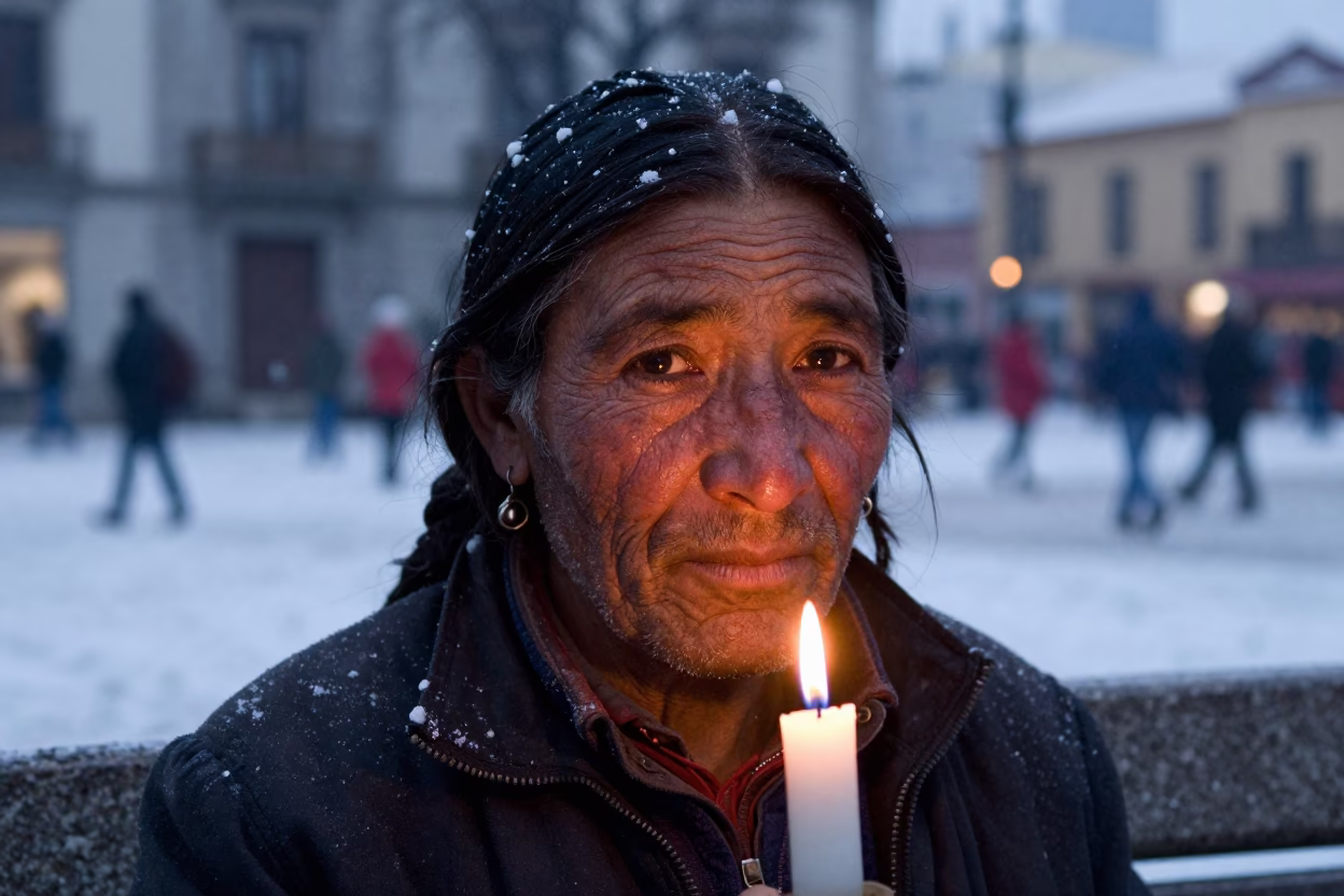 Predawn Portrait of Nomadic Herder in Montevideo Square in at a public square in Pocitos, Montevideo