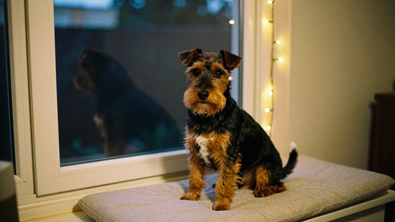 Predawn Portrait of Standard Manchester Terrier in on a cushioned window seat with soft side light and an uncluttered background near Hollywood, Los Angeles