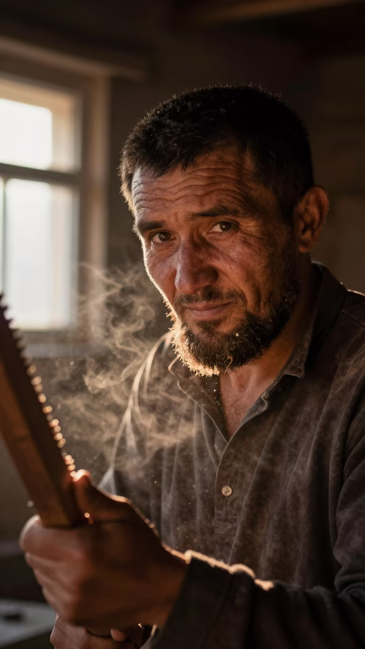 Predawn Portrait Woodcutter Almaty Sawdust in in Almaty