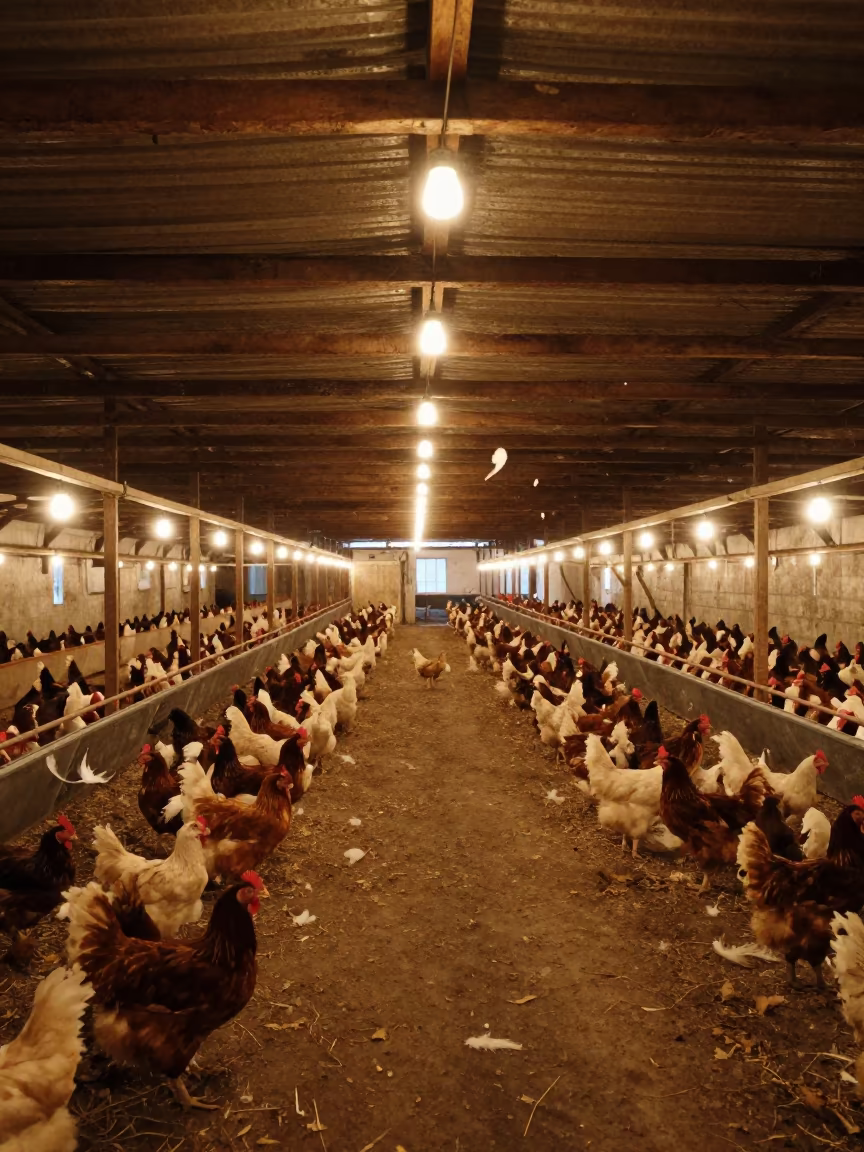 Predawn Poultry House Feed Lines in Siberia in in a poultry house aisle in Siberia