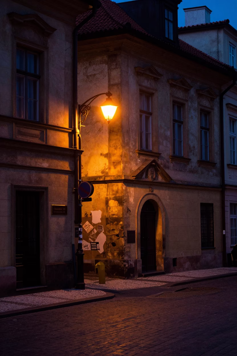 Predawn Prague Street Corner with Vintage 1990s Atmosphere and Local Morning Rituals in in Prague, Czech Republic
