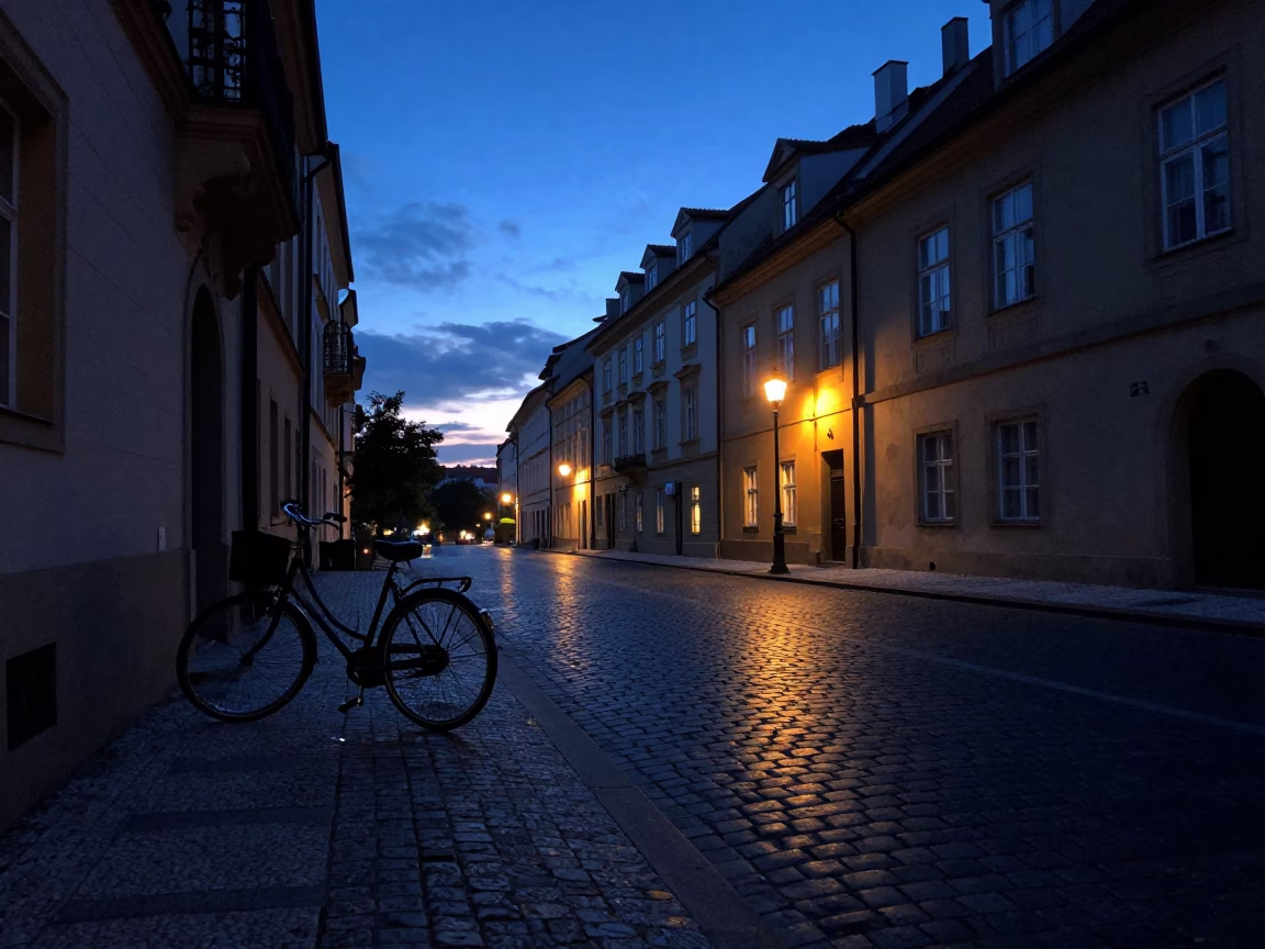 Predawn Prague Street Scene with Bicycle and Cobblestone Reflections in in Prague, Czech Republic