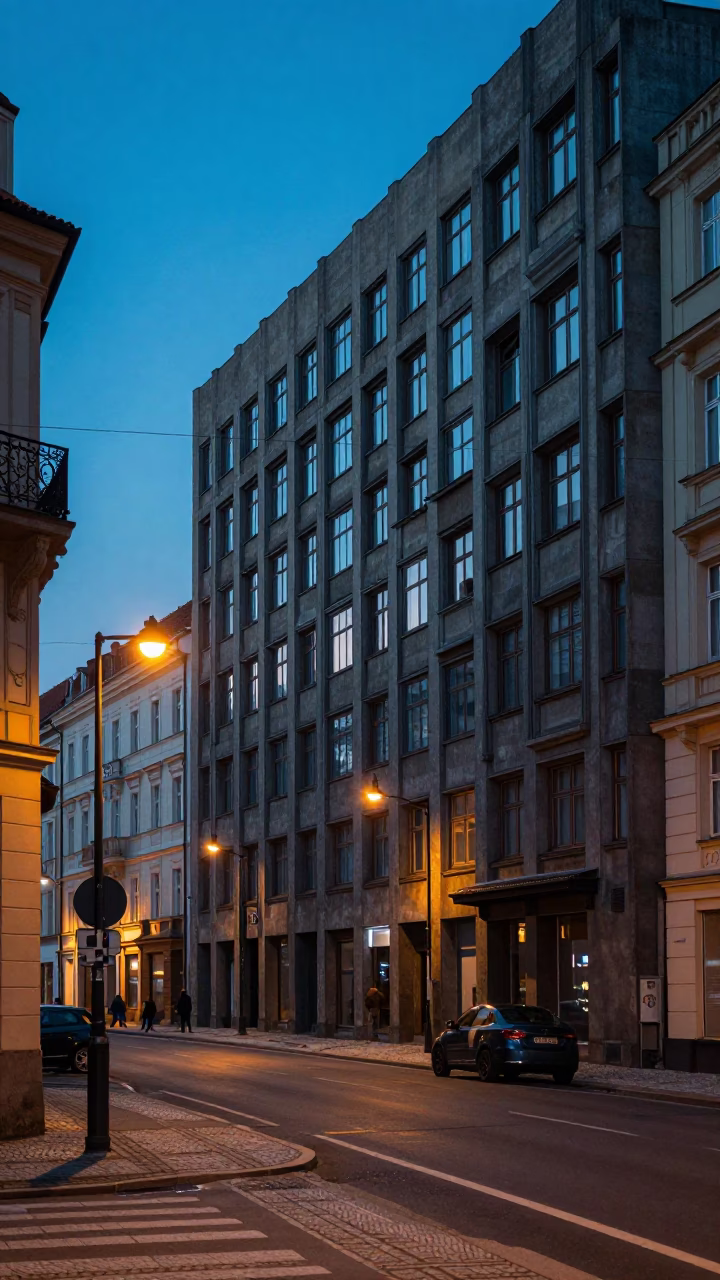 Predawn Prague Street Scene with Brutalist University Architecture and Urban Wildlife in in Prague, Czech Republic