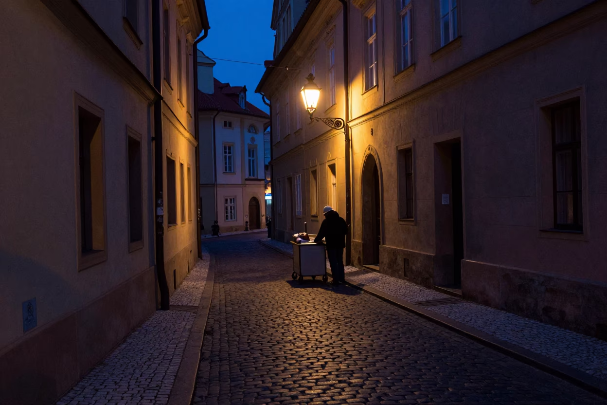 Predawn Prague Street Scene with Clear Glass Basin Lip and Scrap Basket in in Prague, Czech Republic