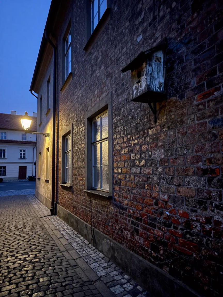 Predawn Prague Street Scene with Condensation on Glass and Urban Details in in Prague, Czech Republic