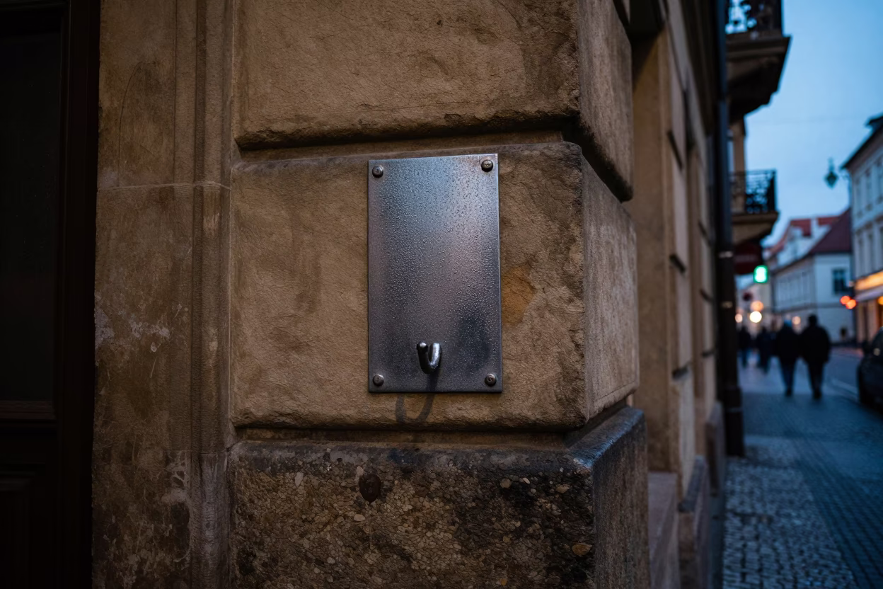 Predawn Prague Street Scene with Condensation on Hook Plate and Glazed Ceramic Reflection in in Prague, Czech Republic