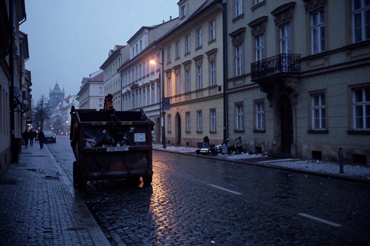 Predawn Prague Street Scene with Demolition Dumpster and Gutted Storefront Facade in in Prague, Czech Republic