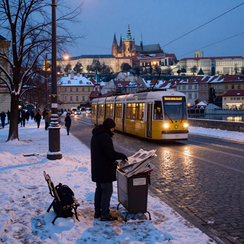 Predawn Prague Street Scene with Newspaper Vendor and Tram in Snowy Darkness in in Prague, Czech Republic