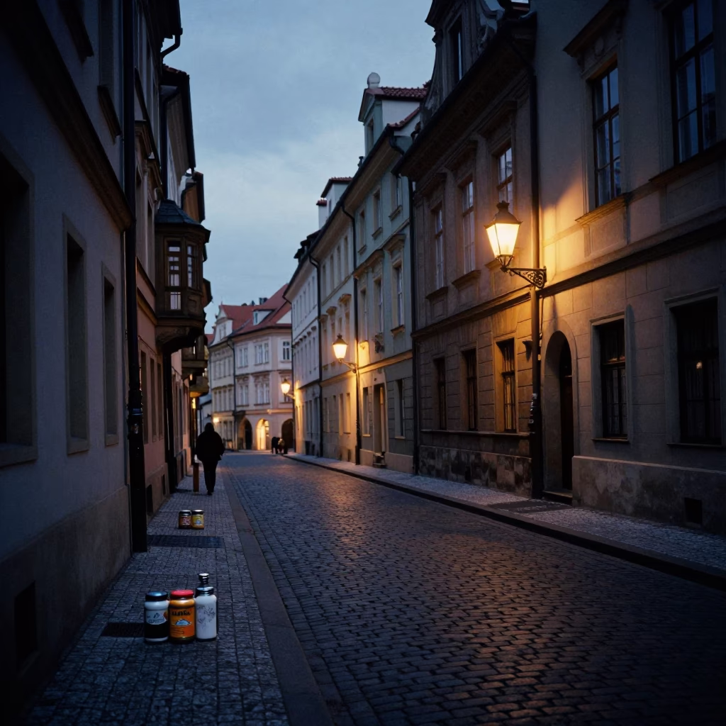Predawn Prague Street Scene with Spice Tins and Salt Cellar on Cobblestone in in Prague, Czech Republic