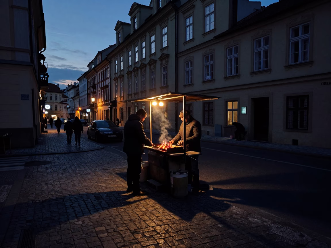 Predawn Prague Street Scene with Street Vendor Kebab Grill in City Center in in Prague, Czech Republic