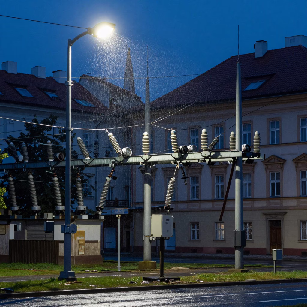 Predawn Prague Street Scene with Substation Insulators and Urban Architecture in in Prague, Czech Republic