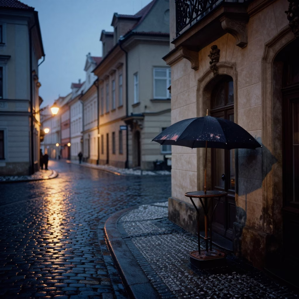 Predawn Prague Street Scene with Umbrella Stand and Old Building Facade in in Prague, Czech Republic