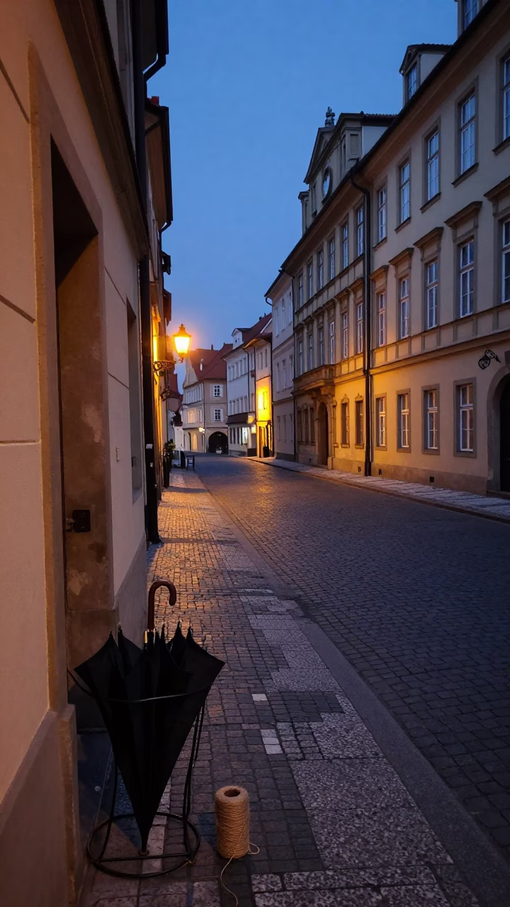Predawn Prague Street Scene with Umbrella Stand and Twine on Cobblestone in in Prague, Czech Republic