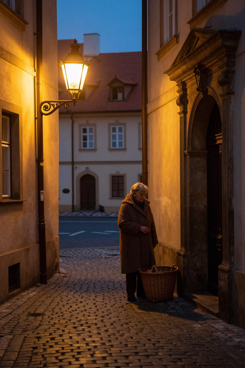 Predawn Prague Street Scene with Vintage Basket and Lamp Light in in Prague, Czech Republic