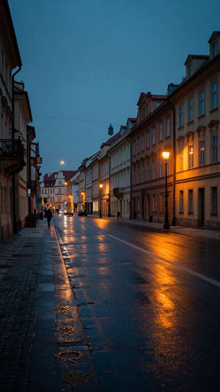 Predawn Prague Street Scene with Wet Asphalt and Vintage 1990s Urban Details in in Prague, Czech Republic