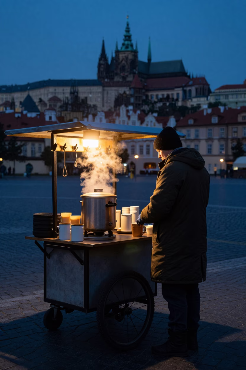 Predawn Prague Street Vendor Coffee Stand with Tool Hooks and Steam in Dark City in in Prague, Czech Republic