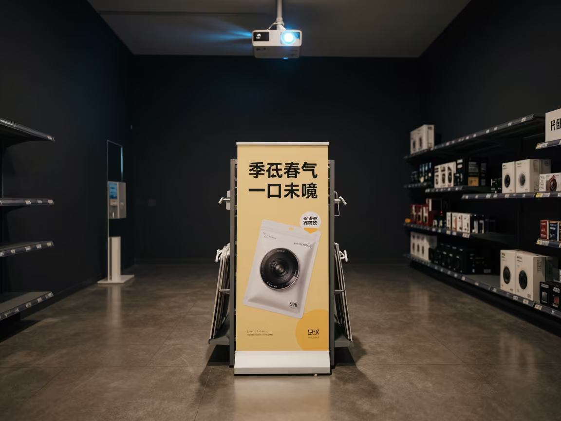 Predawn Promo Sign Glow on Hefei Store Wall in beside a seasonal endcap near the sales floor near Hefei