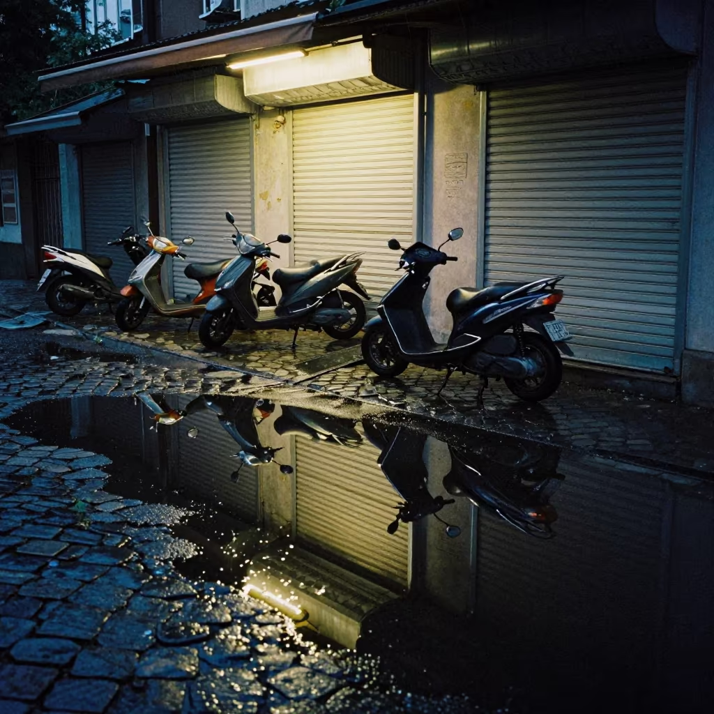 Predawn Puddle Reflections of Scooters in Plovdiv in along a shuttered arcade in Plovdiv