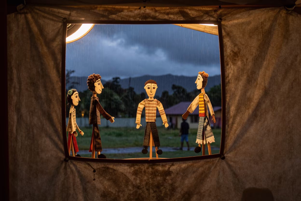 Predawn Puppet Show Behind Screen in under a circus tent in Victoria Seychelles