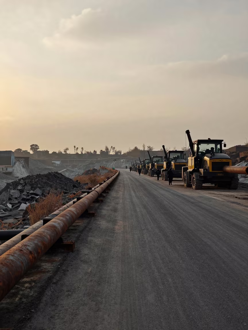 Predawn Quarry Road Multan Industrial Light in along a service road lined with pipes near Multan