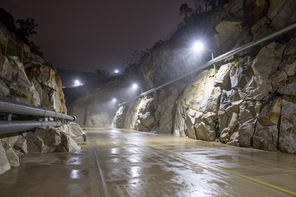 Predawn Quarry Road Wet Concrete Security Lights in along a service road lined with pipes in Minas Gerais