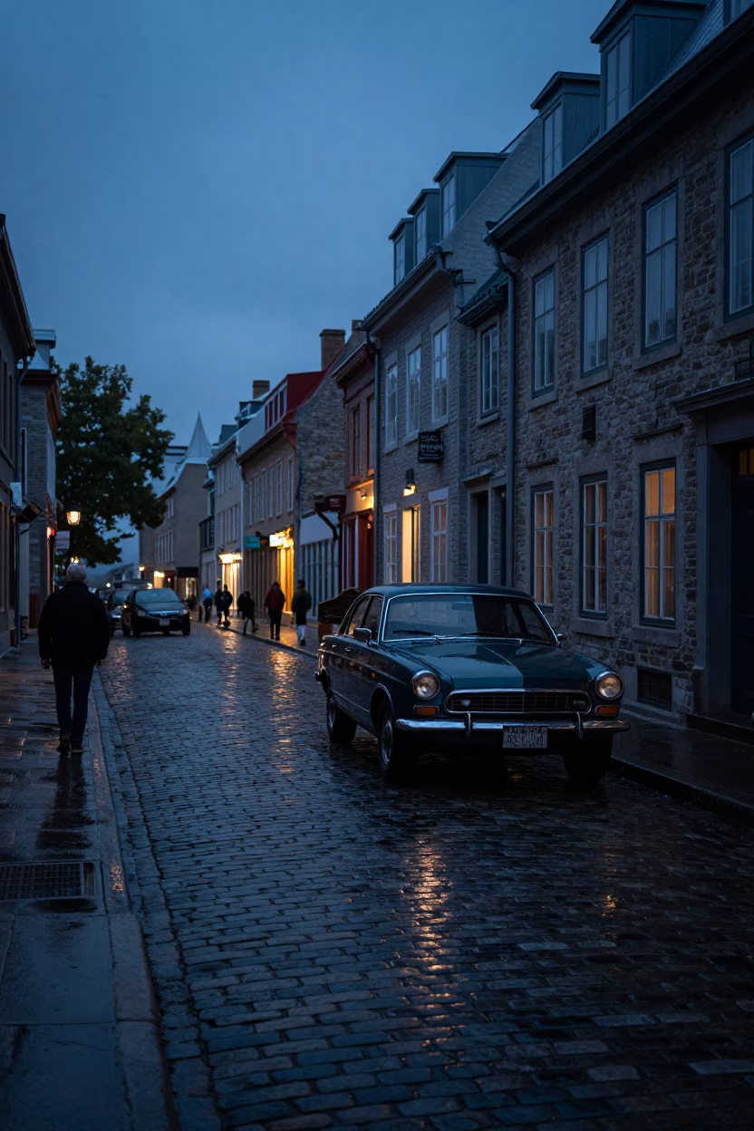 Predawn Quebec City Cobblestone Street Scene with Vintage 1970s Car and Dappled Shadows in in Quebec City, Quebec, Canada