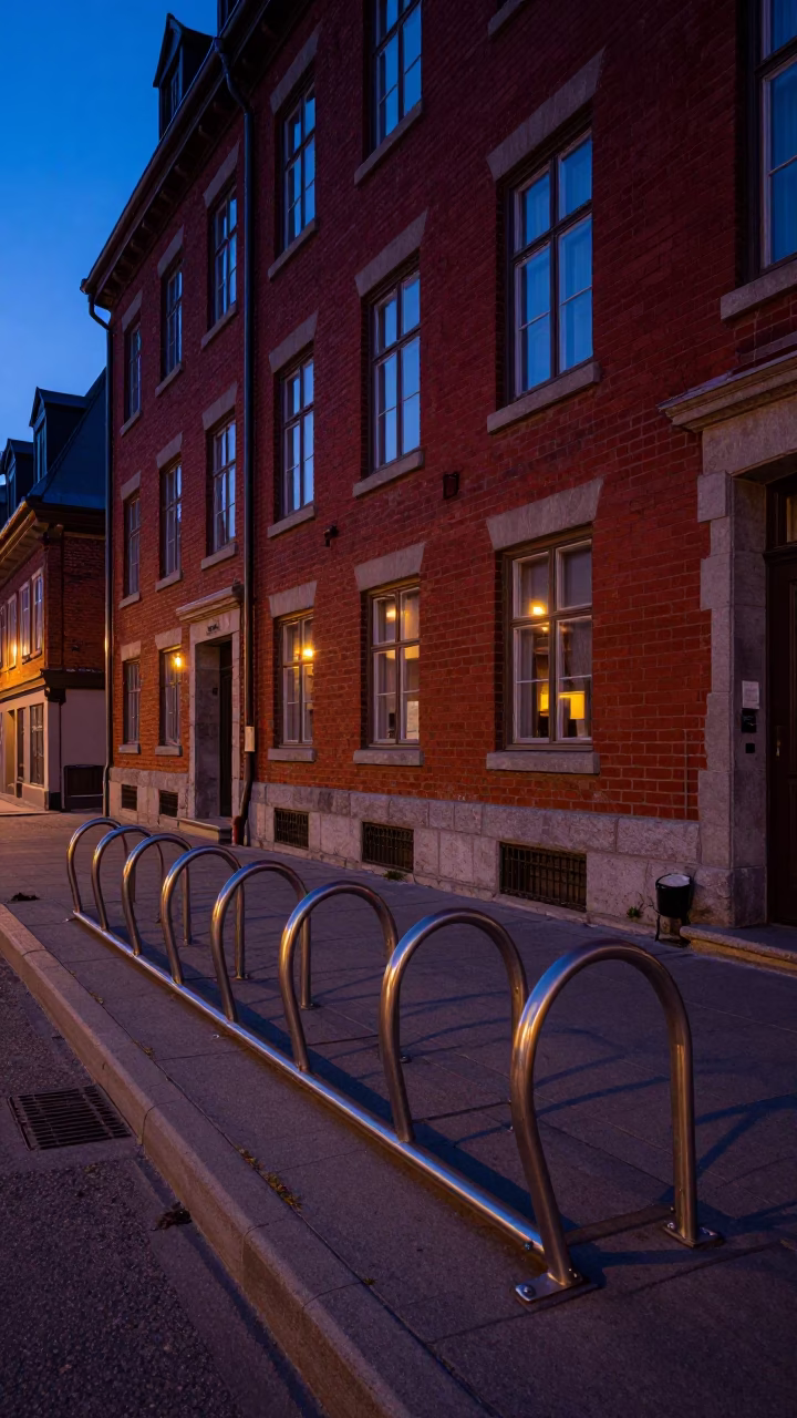 Predawn Quebec City Street Scene with Bicycle Rack and Red Brick Architecture in in Quebec City, Quebec, Canada