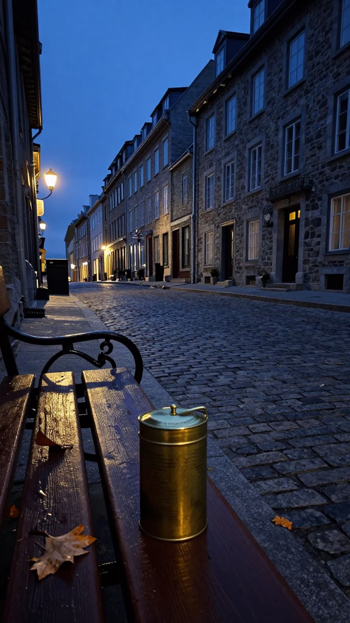 Predawn Quebec City Street Scene with Coffee Tin and Leaf Shadows in Old Town in in Quebec City, Quebec, Canada