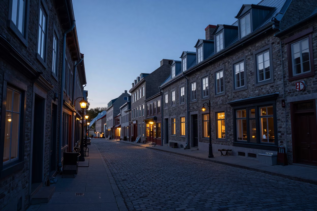Predawn Quebec City Street Scene with Iron Hook and Glass Reflection in Historic District in in Quebec City, Quebec, Canada