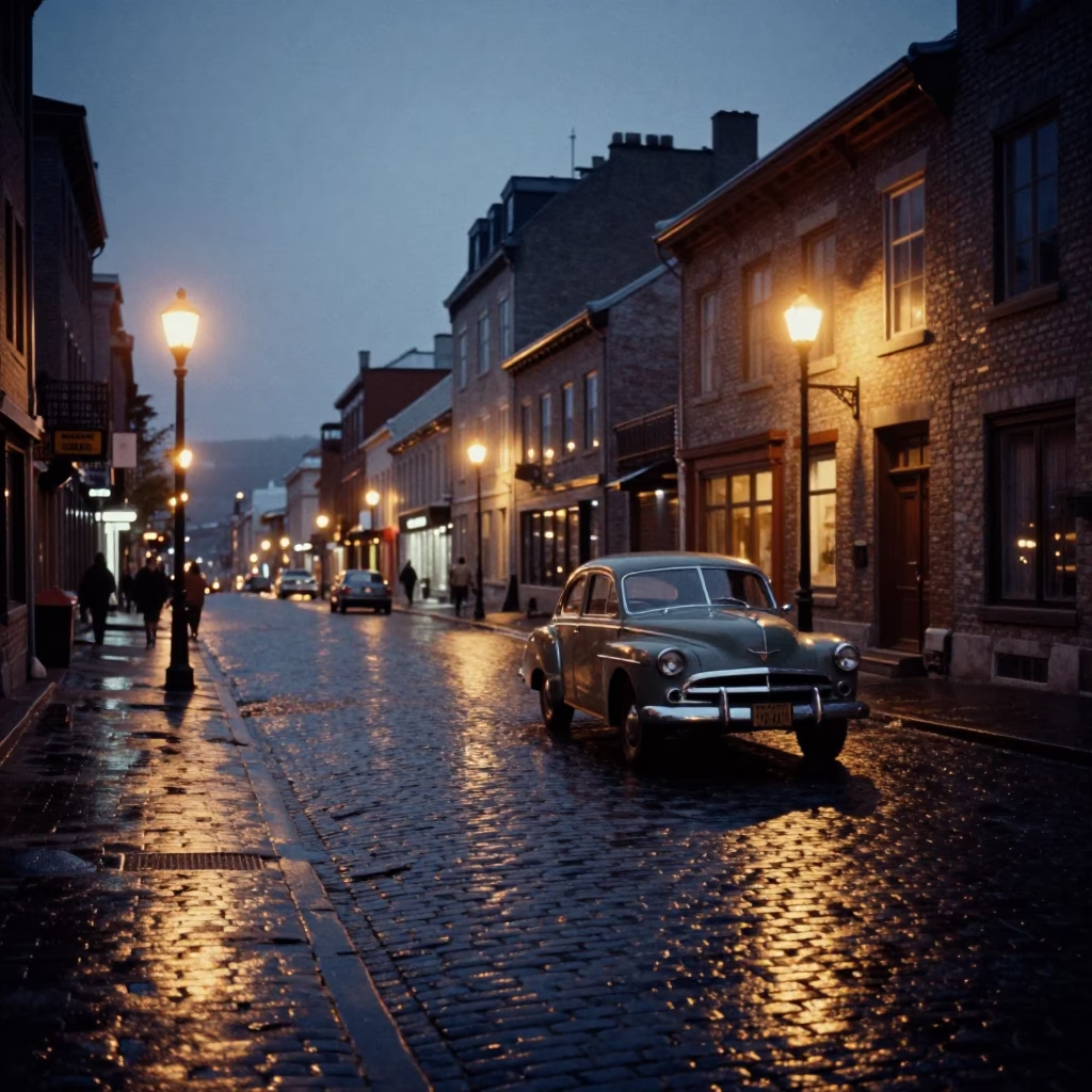 Predawn Quebec City Street Scene with Vintage 1970s Automobile and Snow in in Quebec City, Quebec, Canada