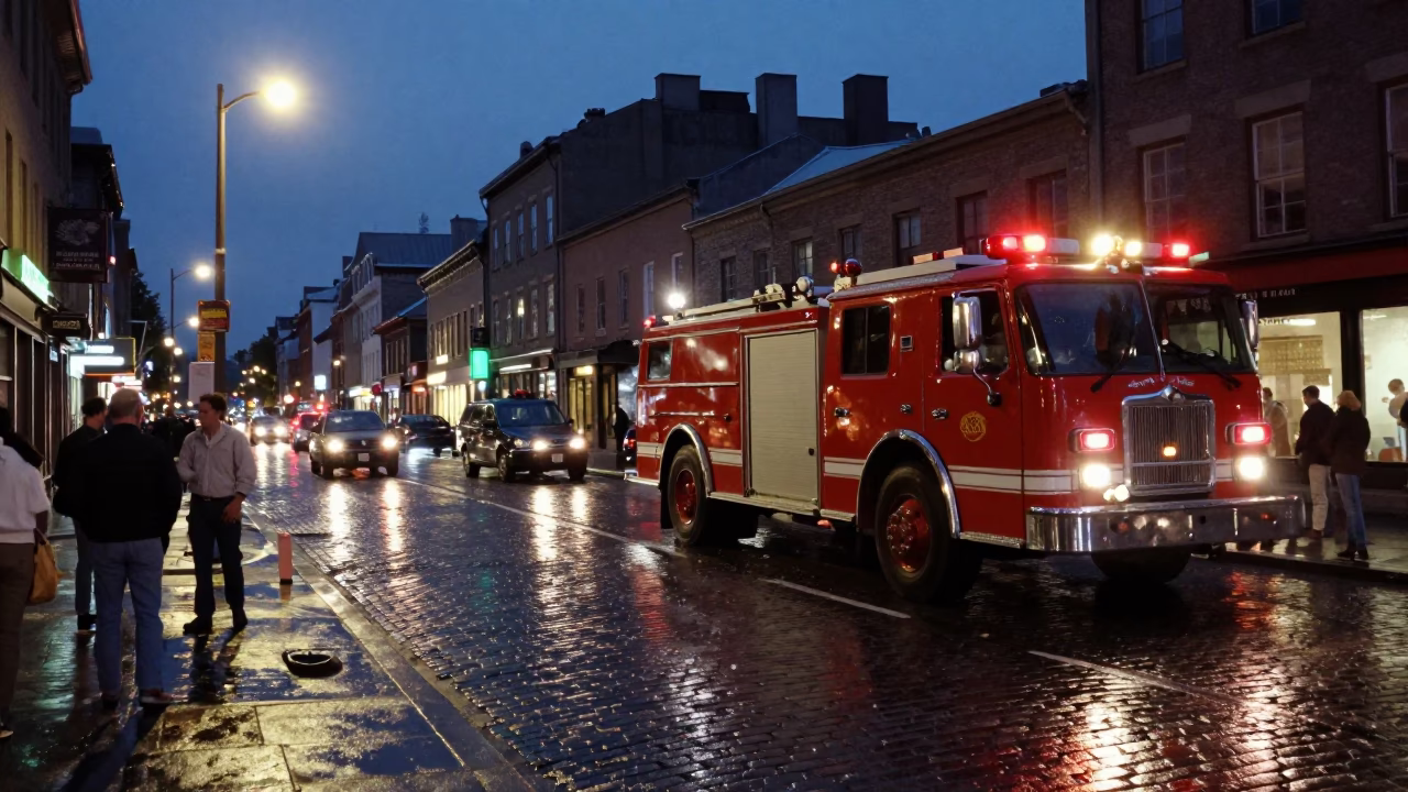 Predawn Quebec City Street Scene with Vintage Fire Engine and Urban Infrastructure in in Quebec City, Quebec, Canada