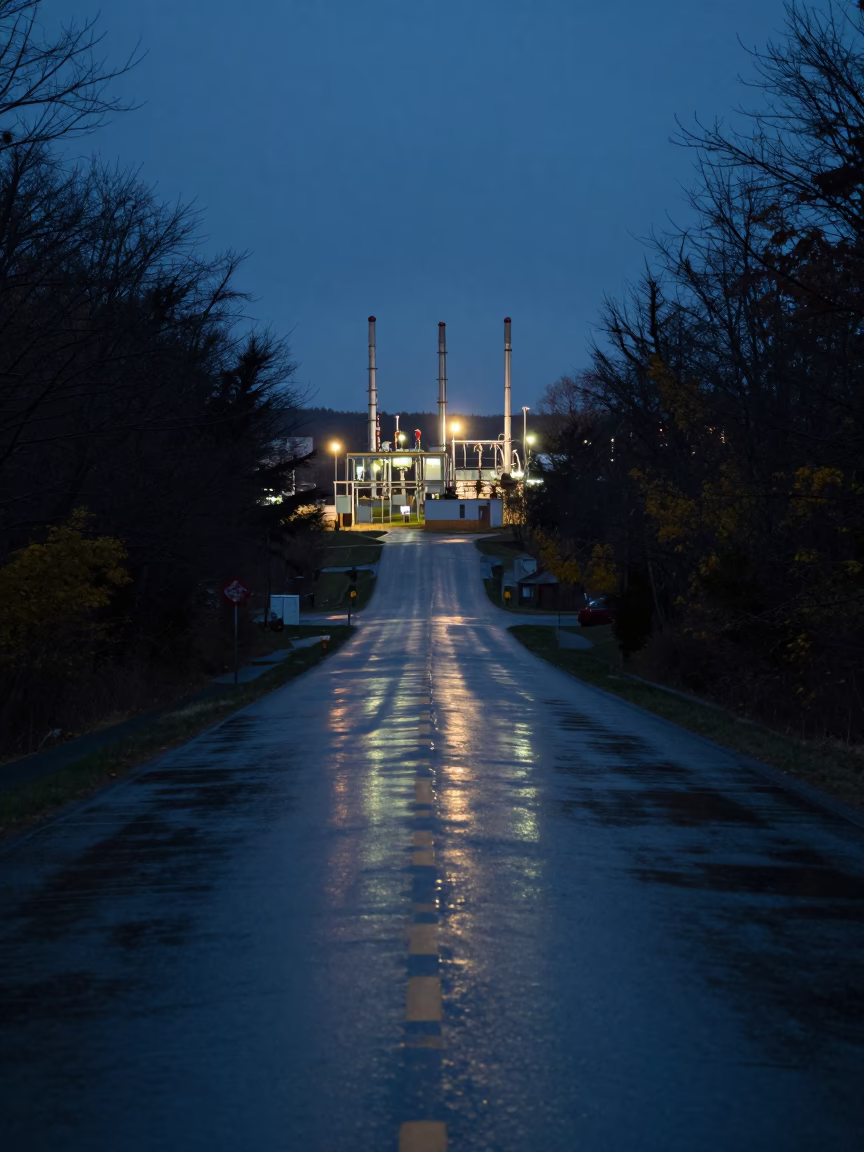 Predawn Quebec City Substation Road with Oil Sheen Rainwater and Broholmer Dog in in Quebec City, Quebec, Canada