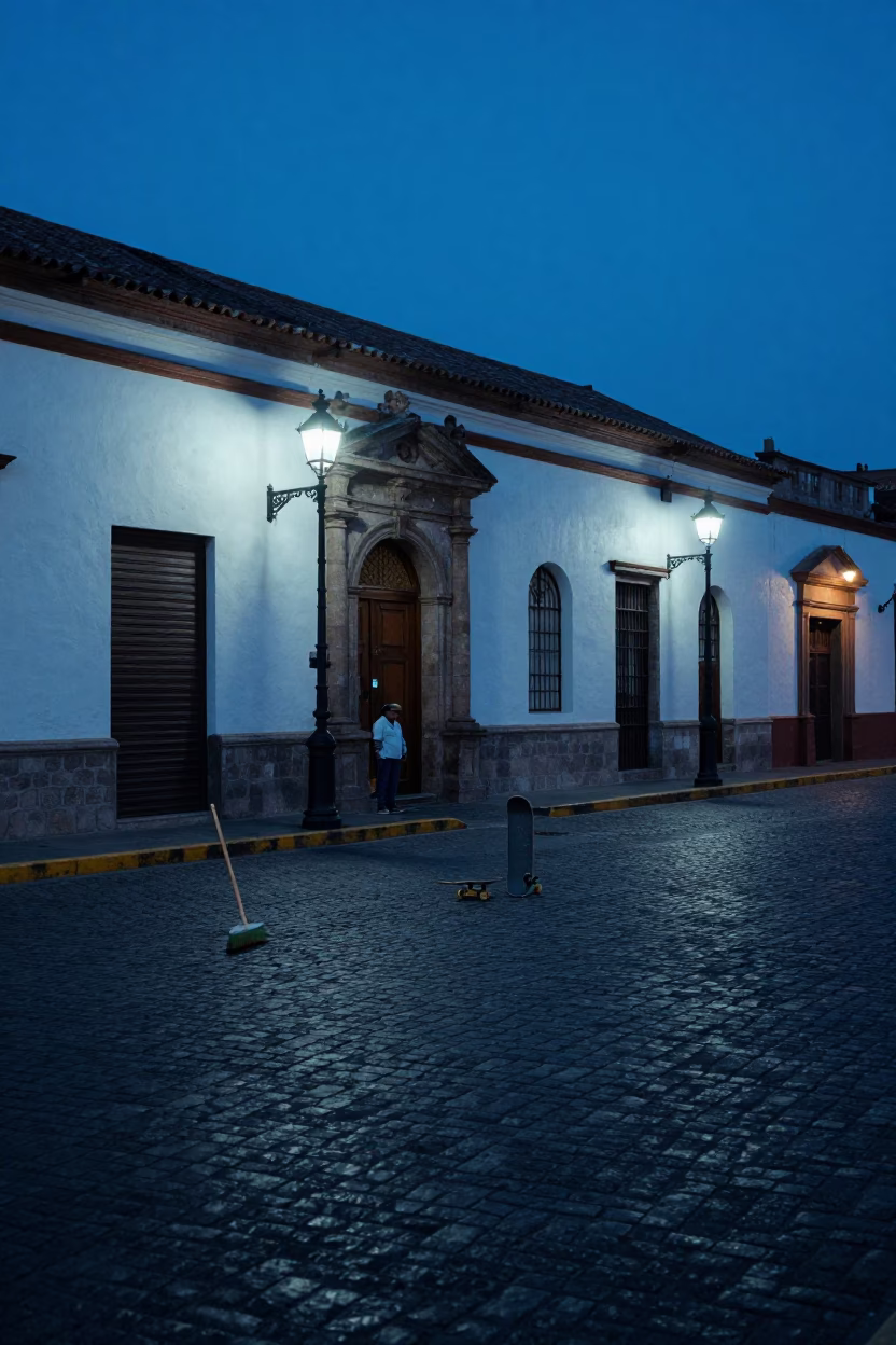 Predawn Quito Ecuador Street Scene with Brooms and Skateboard in Historic Plaza in in Quito, Ecuador