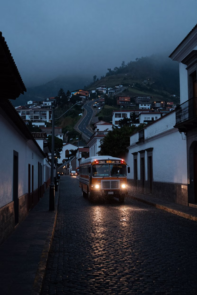 Predawn Quito Ecuador Street Scene with Classic Bus and Wash Basin in in Quito, Ecuador