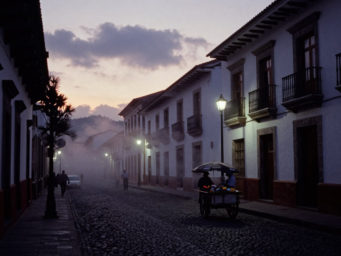 Predawn Quito Ecuador Street Scene with Steam Haze and Local Commerce in in Quito, Ecuador