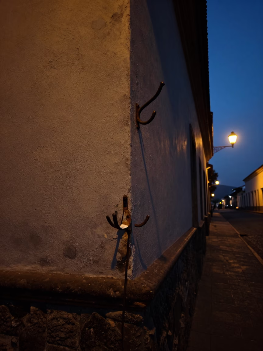 Predawn Quito Street Scene with Coat Hook and Prayer Plant in Ecuador in in Quito, Ecuador