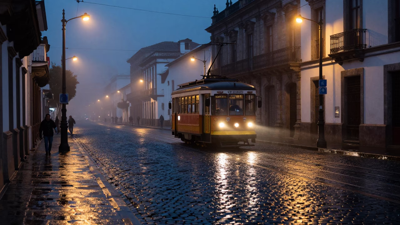 Predawn Quito Street Scene with Tram Reflection and Cobblestones in Ecuador in in Quito, Ecuador