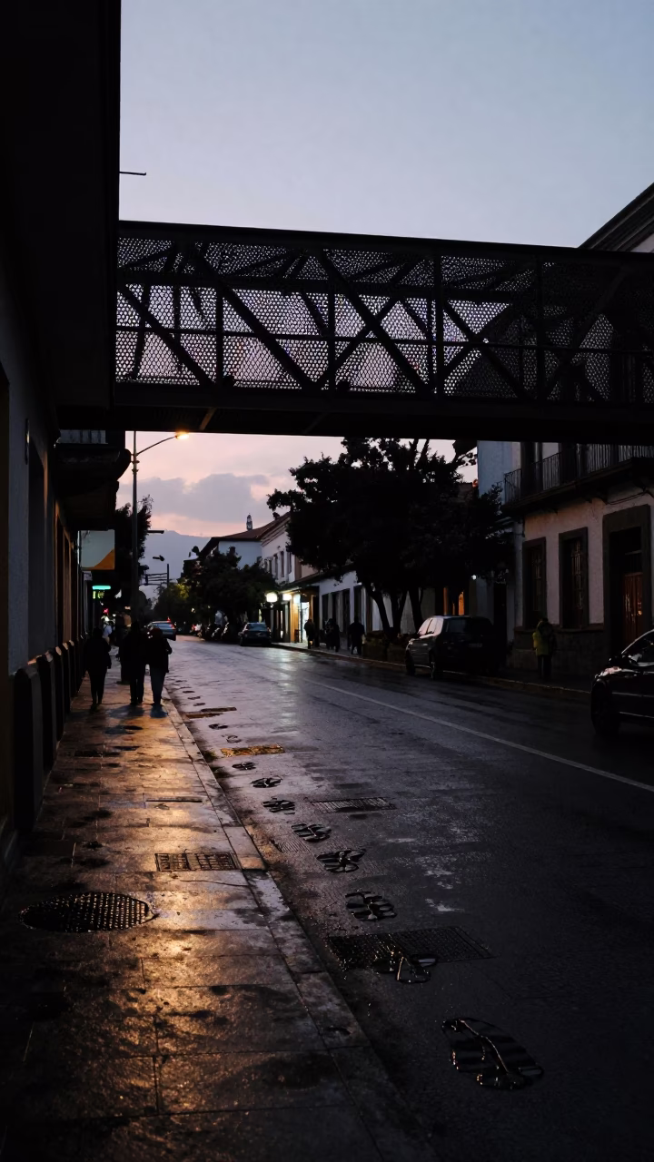 Predawn Quito Street Scene With Wet Footsteps And Metal Railings in in Quito, Ecuador