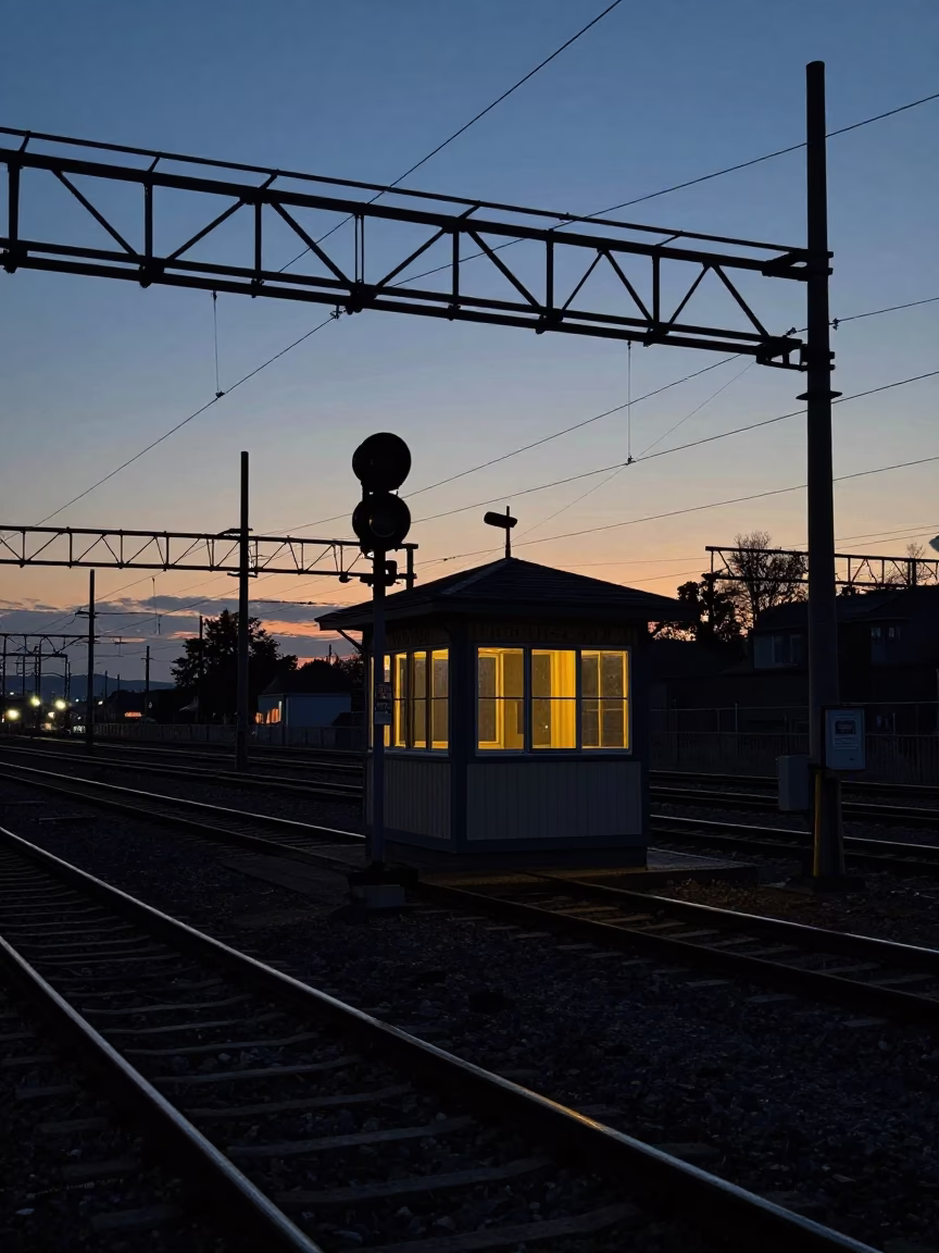 Predawn railway signal cabin beside switch tracks in Nice France in in Nice, France